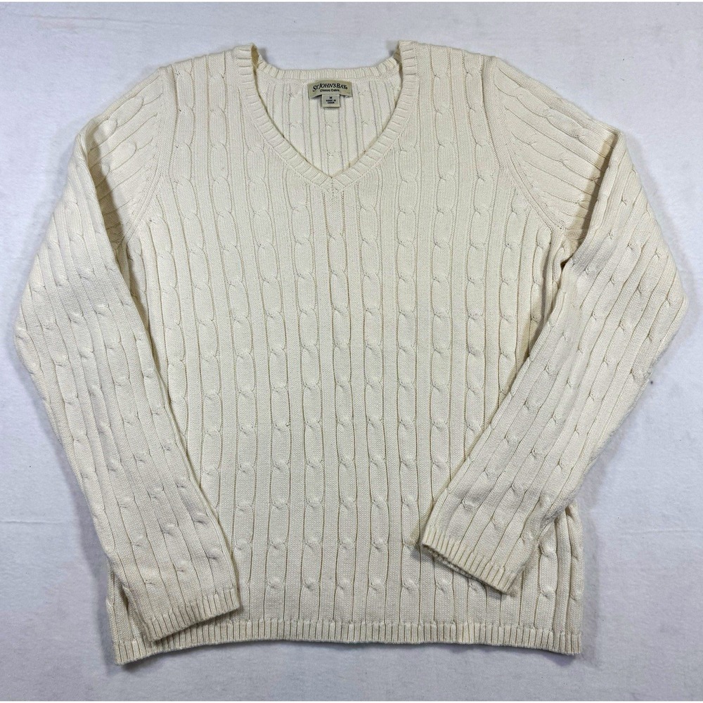 St. John's Bay Women's M Cream Cable Knit V Neck Sweater Cotton Preppy